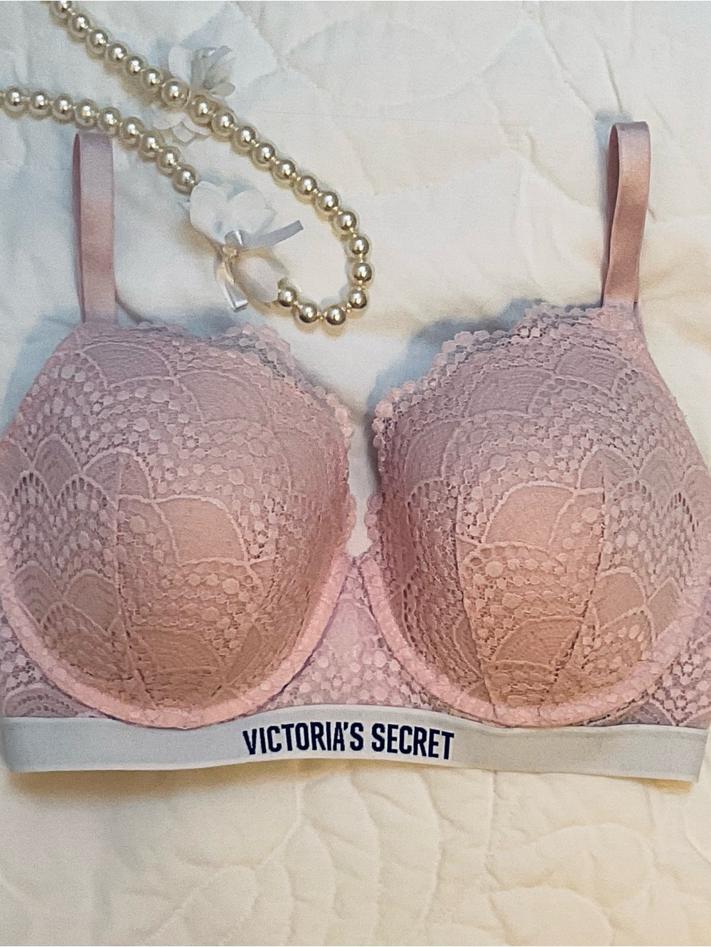 Victoria's Secret Logo Light Pink Lace Underwire Bra